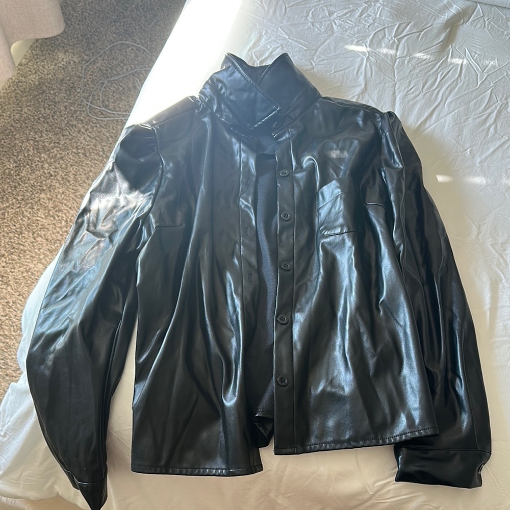 Women’s Black Faux Leather Button-Up Jacket